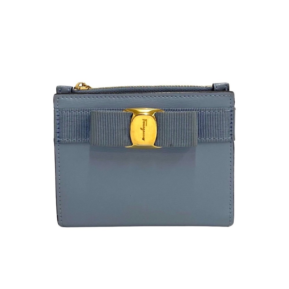 Salvatore Ferragamo Vara Ribbon Hardware Leather Genuine Bifold Wallet Mini Blue